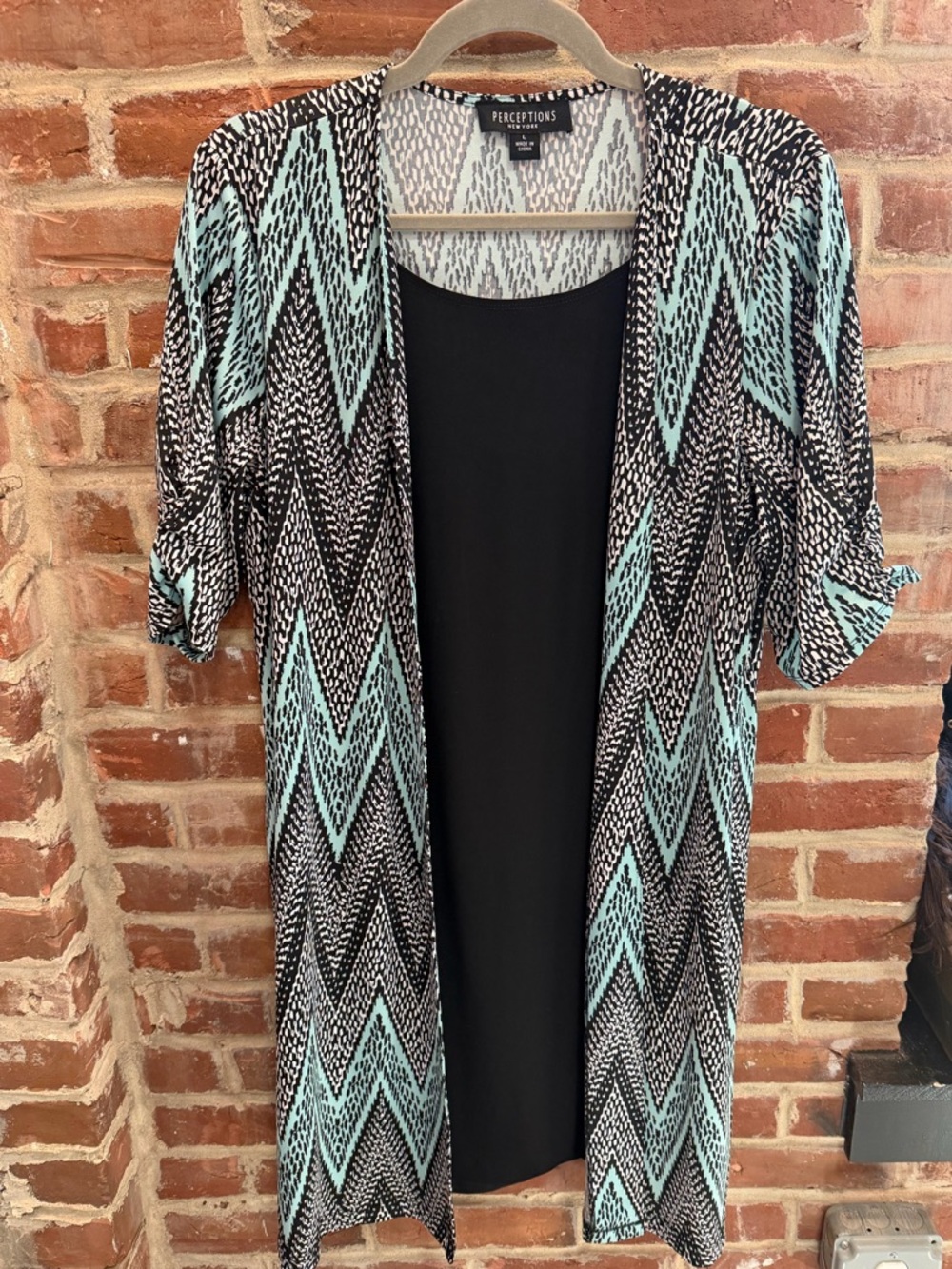 Perceptions Open-Front Chevron Cardigan - Black & Mint